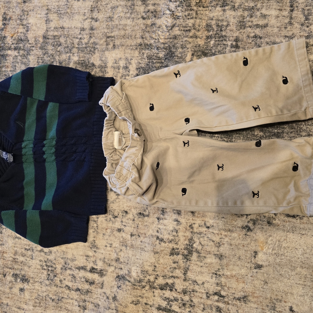 Striped Navy and Green Sweater with Beige Pants Set